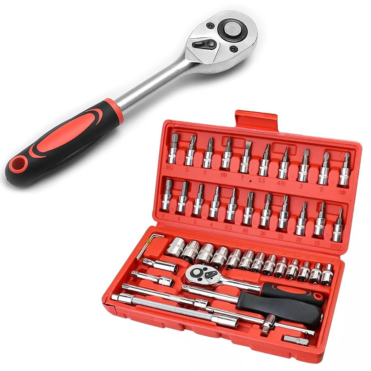 Jogo De Soquete Aço Crv 1/4 Catraca Chave Allen Maleta 46 Peças Cor:Vermelho - Imagem 2